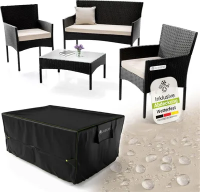 Produktbild von Juskys Polyrattan Gartenmöbel-Set Fort Myers inkl. Abdeckung - Tisch, Sofa & 2 Stühle - Schwarz Beige