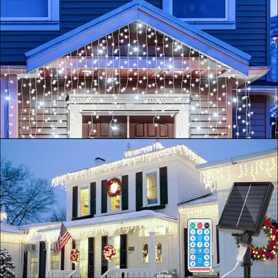 Obrázok produktu pre Clanmacy 15M solárne LED ľadový dážď rozprávkové svetlá vonkajšie vnútorné studené biele svetlo záves 600 LED Icicle vianočné svetlá 8 režimov vianočné dekorácie strana záhrada