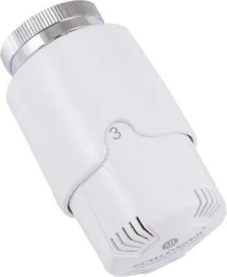 A white thermostat head with a silver top, shown at an angle against a white background.