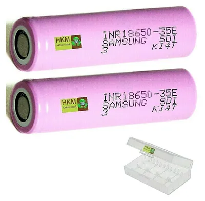 Two pink Samsung SDI INR18650-35E batteries and a clear plastic battery case are shown against a white background.