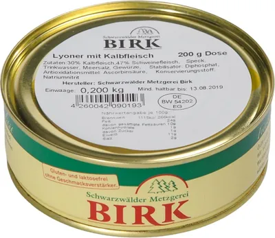 Produktbild von *MHD 07/24* Schwarzwälder Metzgerei Birk Dosenwurst Lyoner mit Kalbfleisch eigene Herstellung