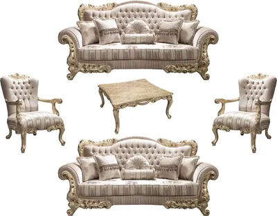 Produktbild von Casa Padrino Luxus Barock Wohnzimmer Set Beige / Gold - 2 Sofas & 2 Sessel & 1 Couchtisch - Prunkvolle Wohnzimmermöbel im Barockstil