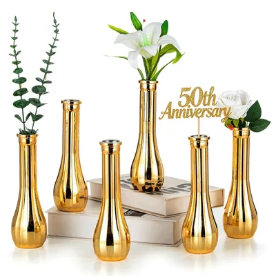 6er-Set goldene Knopfvasen, 21,7 cm, Glas, Vintage-Rippenmuster