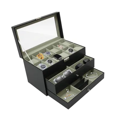 Image de Boîte à bijoux, coffret à bijoux de bureau, coffret à montres avec 2 tiroirs coulissants