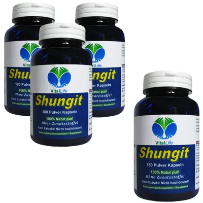 Produktbild von Shungit Edel Schungit 720 (4x180) Pulver Kapseln aus Karelien NATUR pur OHNE Zusatzstoffe