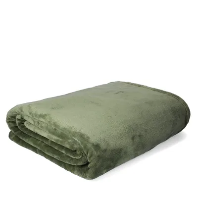 A folded olive green blanket on a white background.