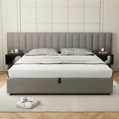 Produktbild von okwish Polsterbett mit Matratze 180 x 200 , Jugendbett mit 2 Nachttischen & Stauraum,Stauraumbett mit Lattenrost, Grau + Schwarz