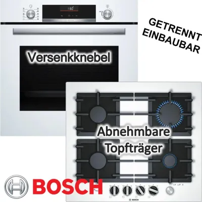 Produktbild von BOSCH Herdset Weiß  Air Fry 3D Heißluft Versenkknebel Glas Gaskochfeld