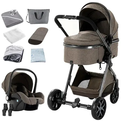 Zdjęcie produktu dla Wózek wielofunkcyjny 3 w 1 - Gondolka - Lekka rama aluminiowa - Składanie jedną ręką - Odwracalna budka - Do 20 kg - Kolor: brązowy