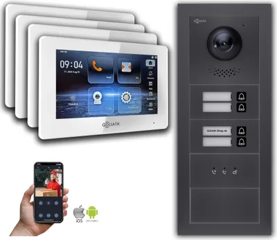 Image de Goliath interphone vidéo BUS 2 fils : 4 maisons familiales, blanc, affichage, anthracite : Boîte d'encastrement : 7 pouces en noir Sélection du moniteur : 7 pouces en noir Boîte de montage de la sonnette : Boîte d'encastrement