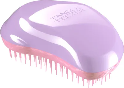 A lilac and pink Tangle Teezer hairbrush is shown against a white background.