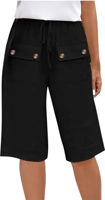 Produktbild von ASKSA Damen Leinen Shorts Sommer Knielang Kurze Hosen mit Taschen Stoffhose Laessig Elastische Taille Strandshorts (Schwarz,L)