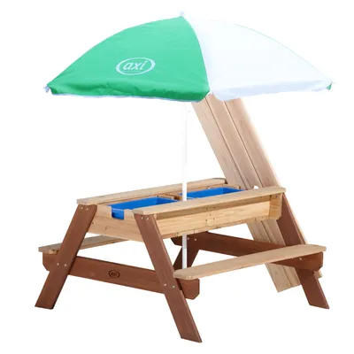 Produktbild von AXI Nick Kinder Sand & Wasser Picknicktisch aus Holz | Wasserspieltisch & Sandtisch mit Deckel und Behältern | Kindertisch / Matschtisch in Braun mit