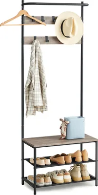 Produktbild von VASAGLE Kleiderständer, Garderobe, Garderobenständer, Kleiderstange mit 9 abnehmbaren Haken, Sitzbank, Industrie-Design, für Flur, Schlafzimmer, Greige-schwarz HSR411B