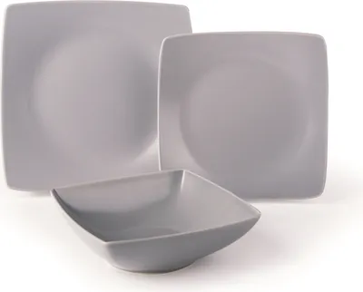 A set of gray ceramic dishes, including plates and a bowl, arranged on a white background.
