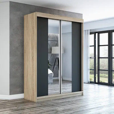 Produktbild von Schwebetürenschrank, 2-türig Schrank mit Spiegel! Moderne Garderobe für Kleidung. Verschiedene Farben (Weiß, Schwarz, Somona) Kleiderschrank NEO 160 cm