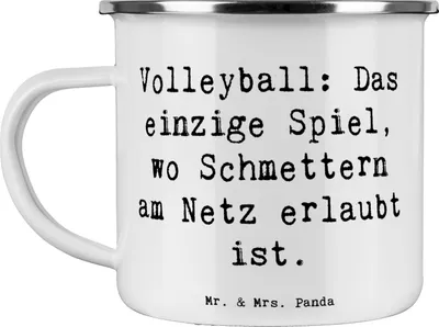 Produktbild von Mr. & Mrs. Panda Teetasse Spruch Volleyball Schmettern - Weiß - Geschenk, Teamarbeit, Agilität, Emaille Becher, Pott, Schmetterball, Tasse, Spaß, Kommunikation, Teebecher