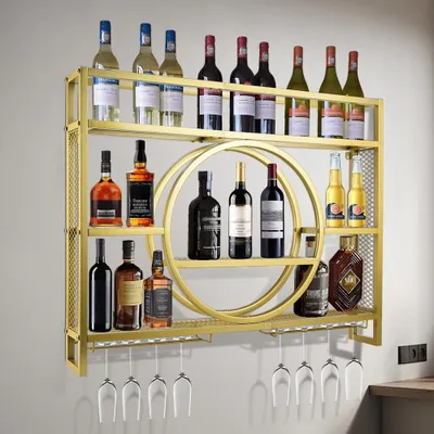 Zdjęcie produktu dla Nowoczesny metalowy regał na wino 3-poziomowy regał na wino Regał ścienny Regał barowy Regał wiszący Regał szklany Uchwyt na wino do domu, restauracji, barów (złoty, 100 x 15 x 80 cm)
