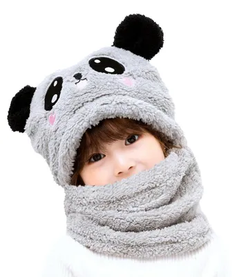 Produktbild von Kinder Winter Mütze mit Schal 2 in 1 Kaninchen Panda Ohrenklappe Ski Mütze Set 9-14 Jahre Grau Plüsch