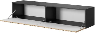 A black TV lowboard with two open compartments and light-colored fronts.