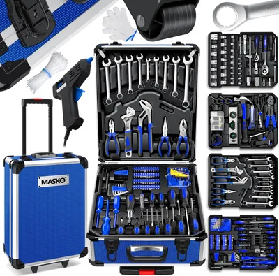 A collage of various toolkits and tools, including a rolling toolbox, a hot glue gun, and several sets of wrenches and pliers.