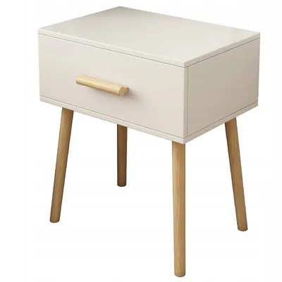 A white bedside table with a wooden drawer pull and wooden legs, shown against a white background.