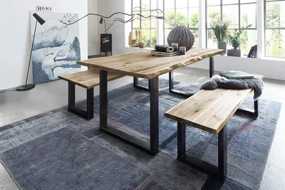 Produktbild von Essgruppe 200 cm Akazie naturfarben U-Gestell schwarz mit 2 Bänken QUINN