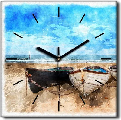 Produktbild von Coloray Uhr auf Leinwand 30x30 cm Wand Uhr Dekoration Wohnzimmer Segeltuch schwarze Hände -Schiffstrandlandschaft.