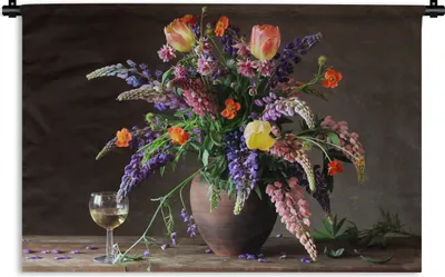 Produktbild von MuchoWow® Wandteppich Wandbehang Stilleben - Wein - Blumen 120x80 cm Tapisserie Dekoration Wandtuch - Wanddekorationen - Wandtücher