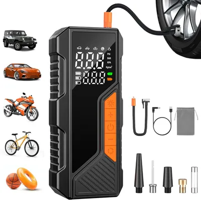 A collage of an electric air pump with various vehicles and accessories, suggesting its versatility.