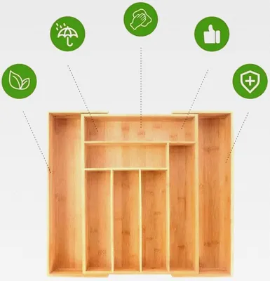 Produktbild von Besteckkasten für Schubladen, Praktischer Küchen Organizer, Aus Bambusholz, Mit 6-8 Fächern, Ausziehbar 33,5-50 x 55 x 5 cm, Robuste und feuchtigkeitsresistente Konstruktion