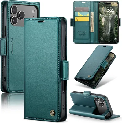 Obrázek produktu pro Pouzdro pro iPhone 17 Pro, RFID Blokování Karet, Pokročilé Flip Kožené Pouzdro s Funkcí Stojánku zelené