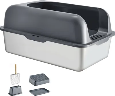 A cat litter box with accessories is displayed against a white background.