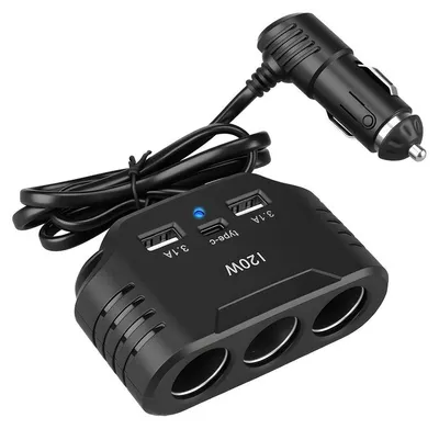 Produktbild von 120W Zigarettenanzünder Verteiler 12V/24V – 3 Steckdosen, 2 USB-A & 1 Typ-C – Mit LED-Spannungsanzeige – KFZ-Ladegerät für Handy, GPS und Dashcam