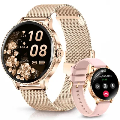 Zdjęcie produktu dla Inteligentny zegarek damski, mały, okrągły, z funkcją telefonu. Elegancki, okrągły smartwatch z wyświetlaczem HD, kolor różowe złoto