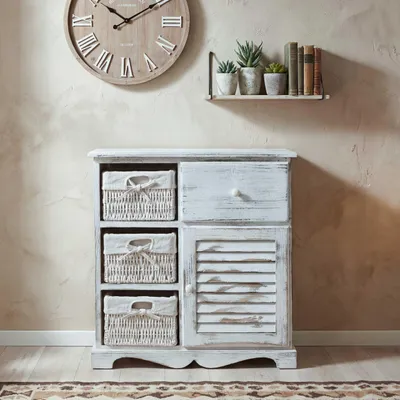 Obrázek produktu pro Komoda se 3 košíky 63x60x30cm, ošuntělý vzhled, vintage  bílá