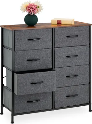 Produktbild von Relaxdays Kommode Industrial, HBT 81,5 x 80 x 30 cm, 8 Schubladen, Stoff & Metall, Holzoptik, Flurschrank, grau/braun