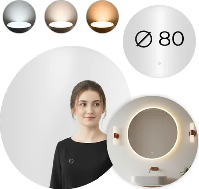 Produktbild von LED-Badezimmerspiegel, rund, 80 cm, 3-Farben-Touch-Steuerung