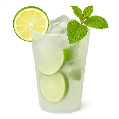Erfrischungsgetränk im transparenten Cocktailbecher 300ml mit Limette, Erdbeeren und Brombeeren