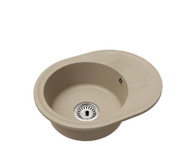 A single beige kitchen sink with a drainer is shown against a white background.