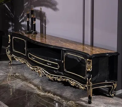 Image de Casa Padrino Luxe Meuble TV baroque noir / or 228 x 48 x H. 61 cm - Meuble TV somptueux en bois massif - Meubles de salon baroques