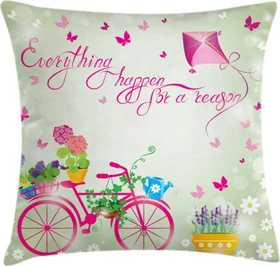 Immagine prodotto di ABAKUHAUS Federa per cuscino con proverbio, Tutto accade per una ragione Calligrafia con bicicletta e aquiloni Primavera, 50 x 50 cm, Multicolore