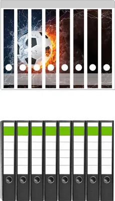 Produktbild von Wallario 8 Stück schmale Ordner inkl. Klebeetiketten mit Motive Fußball - Feuer und Wasser -  Set mit Rückenschildern / Ordnerrücken Stickern