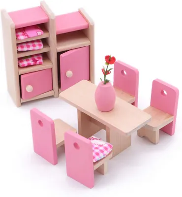 Produktbild von Holz Puppenhaus Möbel Set, Esstisch mit Stühlen und Schrank, 1 Set, für Kinder