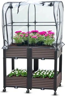 Produktbild von Hochbeet mit Frühbeet 2 Ebenen 82x41xH135 cm Foliengewächshaus auf Rädern