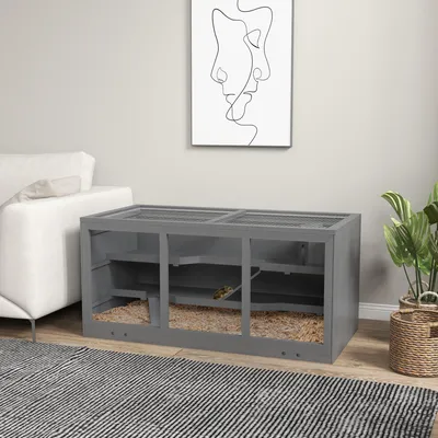 Produktbild von Hamsterkäfig aus Holz, Nagerkäfig mit verstellbarem Dach, Kleintierbox abschließbar, Grau | 115 x 57 x 55 cm | 2 Ebenen | Tannenholz