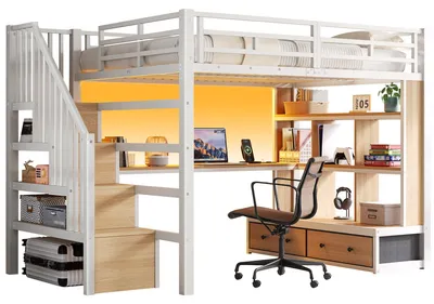 Obrázek produktu pro Abrihome Kovová patrová postel pro mládež 140x200 cm s psacím stolem, policemi a schody s úložným prostorem, 2 zásuvkami, LED osvětlením, bílá