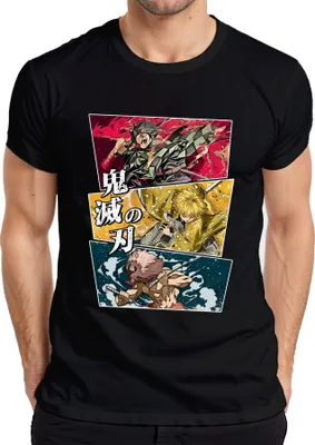 Immagine prodotto di maglietta Kimetsu no Yaiba Tanjiro Zenitsu Inosuke Anime Gift Uomo, Nero, XL