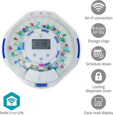 Obrázek produktu pro Dávkovač pilulek SmartLife | Wi-Fi | 28 přihrádek | Počet budíků: 9 budíků za den | Pípnutí / Světlo / Hlas | LCD displej | Bílý