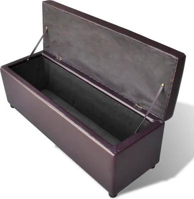A brown storage bench with its lid open.